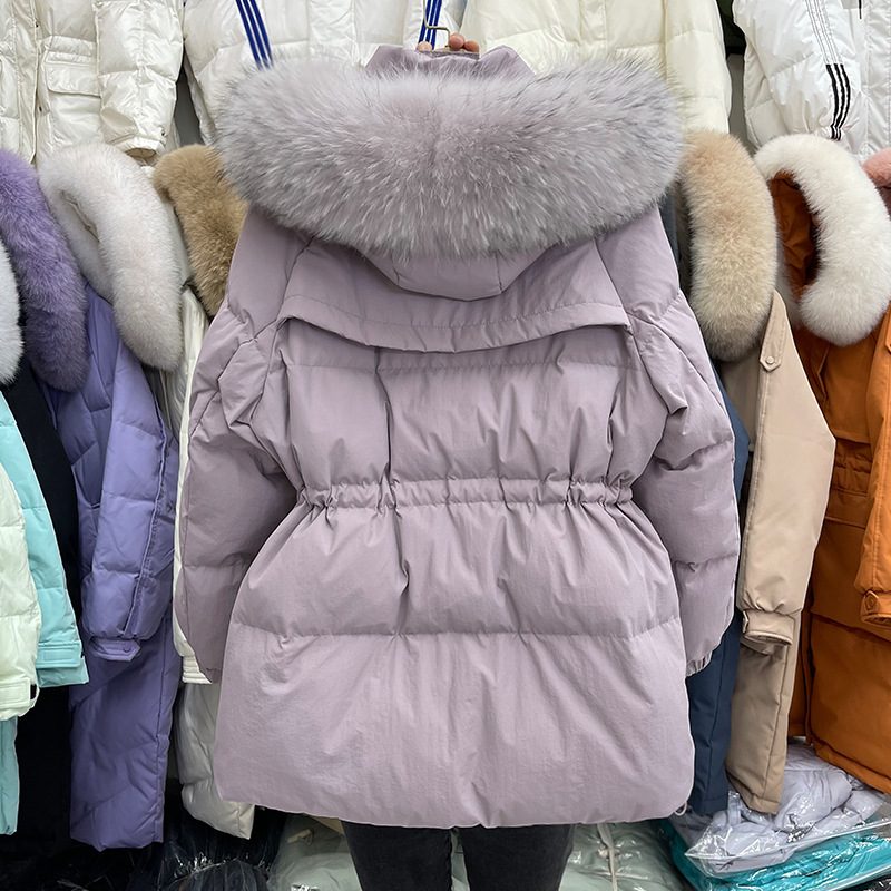 Dame Dunjakke Middels Lengde Pelskrage Midje Stilig Frakk