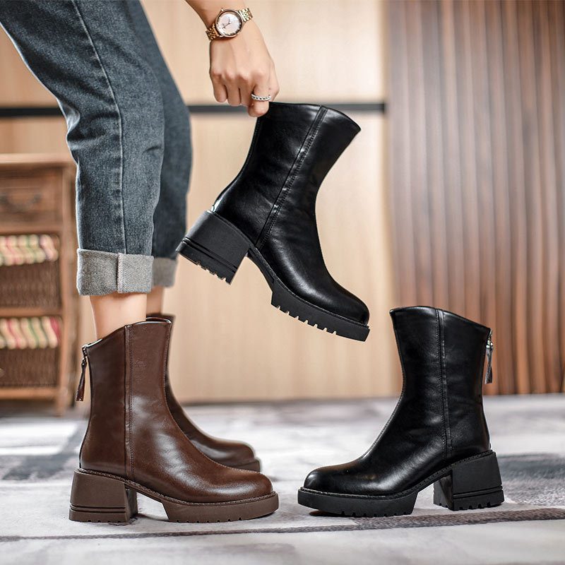 Korte Støvletter Dame Tykk Hæl Såle Nye Martin Boots Høyhæl Brun Retro Vår Og Høst Single