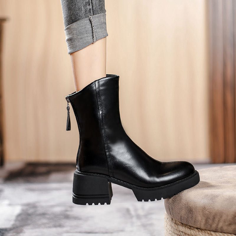 Korte Støvletter Dame Tykk Hæl Såle Nye Martin Boots Høyhæl Brun Retro Vår Og Høst Single