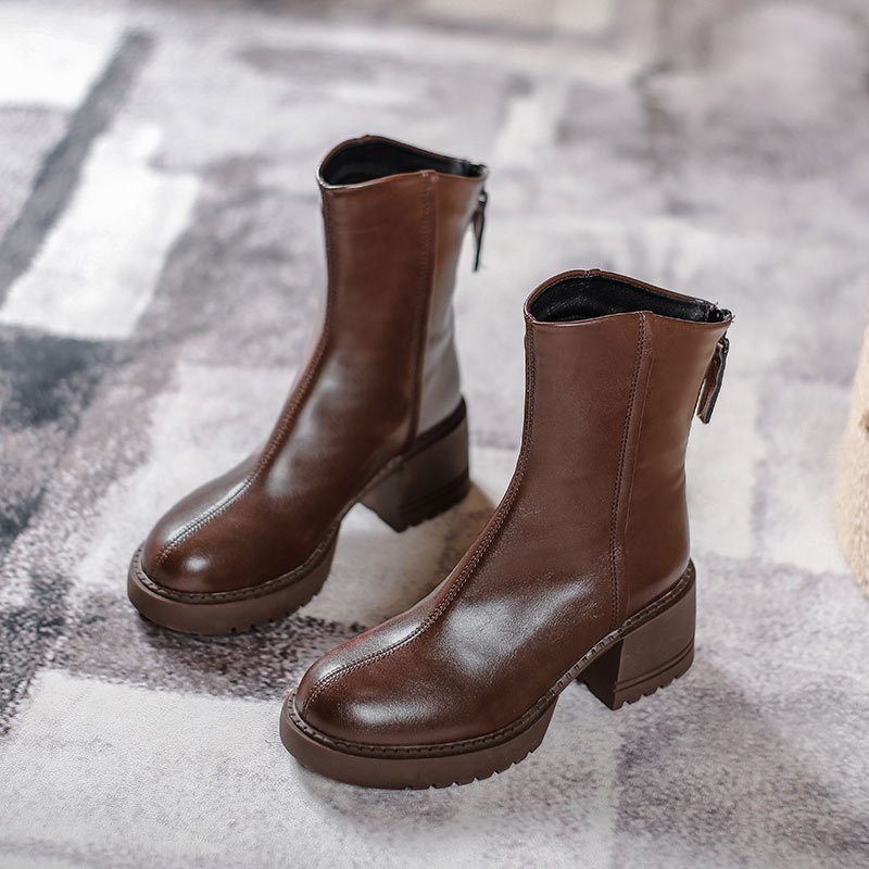 Korte Støvletter Dame Tykk Hæl Såle Nye Martin Boots Høyhæl Brun Retro Vår Og Høst Single