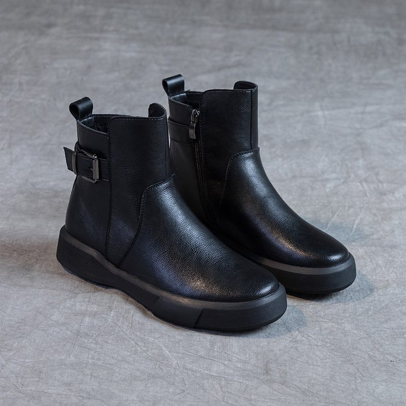 Street Shot Kuskinn Korte Støvler 2024 Høst Og Vinter Nye Damestøvler Flat Retro Dame Enkeltstøvler Stor Størrelse Martin