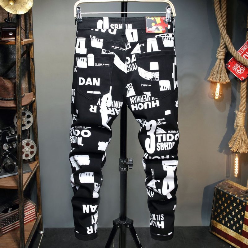 Menn Trend Letter Print Slim Fit Små Føtter Casual Jeans