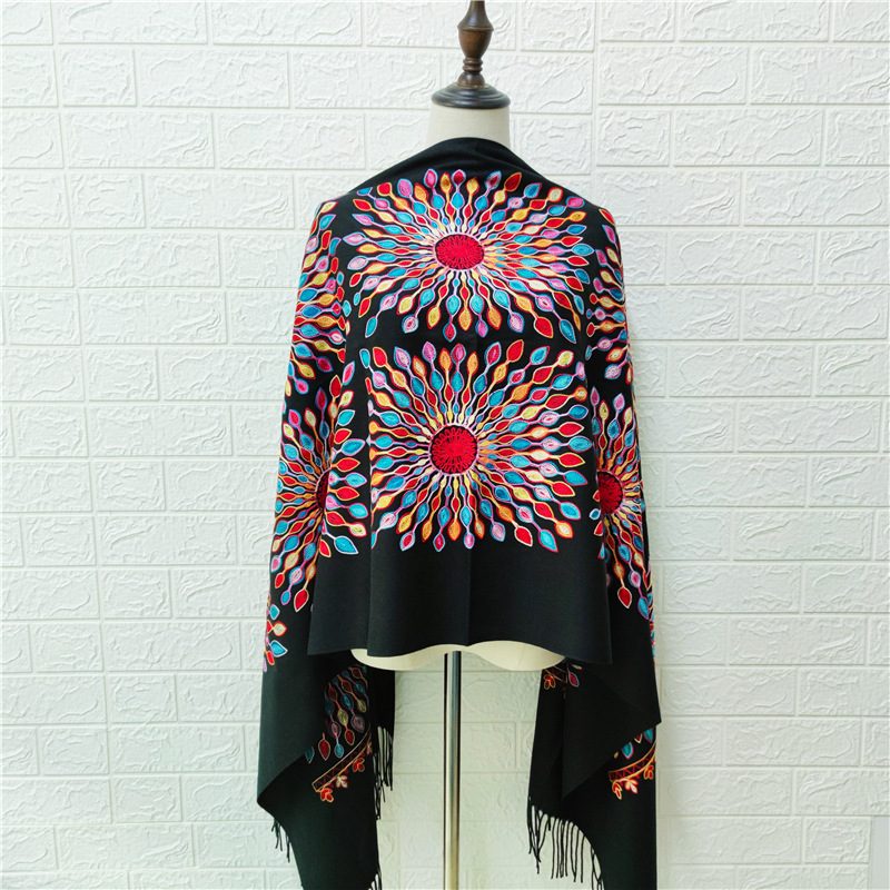 Broderte Blomster Kashmir Solsikkeskjerf Kvinne Høst Og Vinter Brudekjole Brud Dusk Sjal Dobbeltbruk