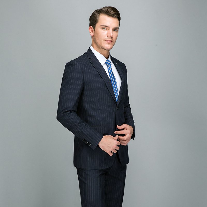 2024 Herredress Business To-knapps Blå Stripe To-delt Sett