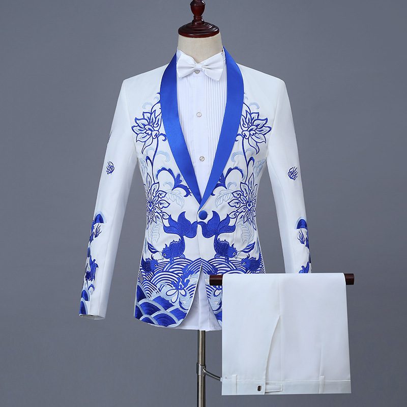 Menns Dress Gull Broderi Bryllup Hvit Frakk Kjole