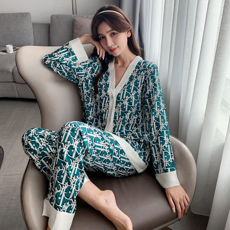 Damepyjamas Retro Fashion Loungewear Langermet Cardigansett