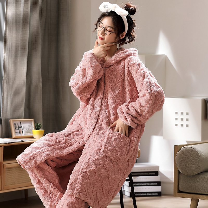 Damepysjamas Flanell Tykk Lang Jacquard Hette Loungewear-sett