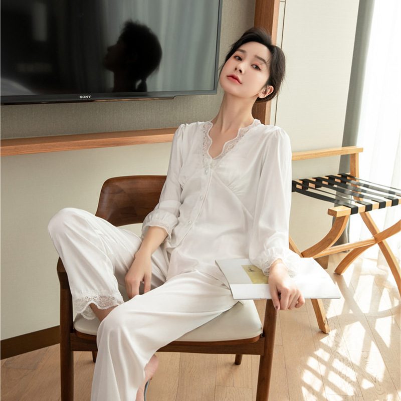 Damepysjamas Langermede Bukser Ensfarger Blondekanter Silke Loungewear-dresser