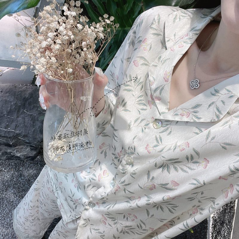 Kvinners Pyjamas Blomsterjakkekrage Cardigan Homewear Tynne Seksjoner Med Lange Ermer