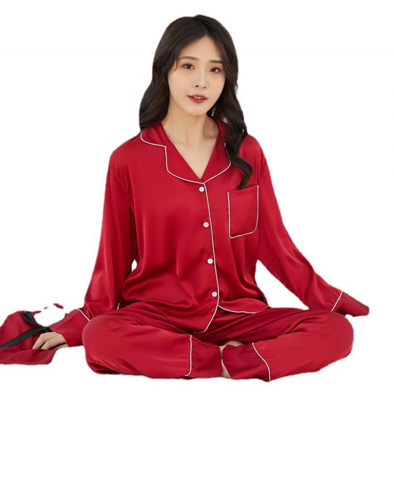 Løs Damepysjamas Sateng Chiffon Langermet Bukse Loungewear Ensfarget