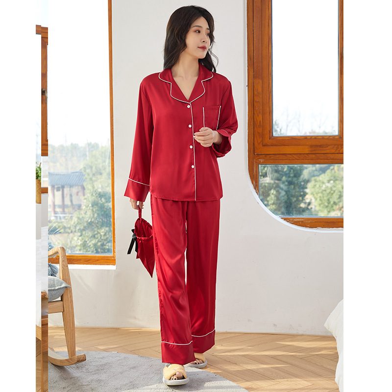 Løs Damepysjamas Sateng Chiffon Langermet Bukse Loungewear Ensfarget