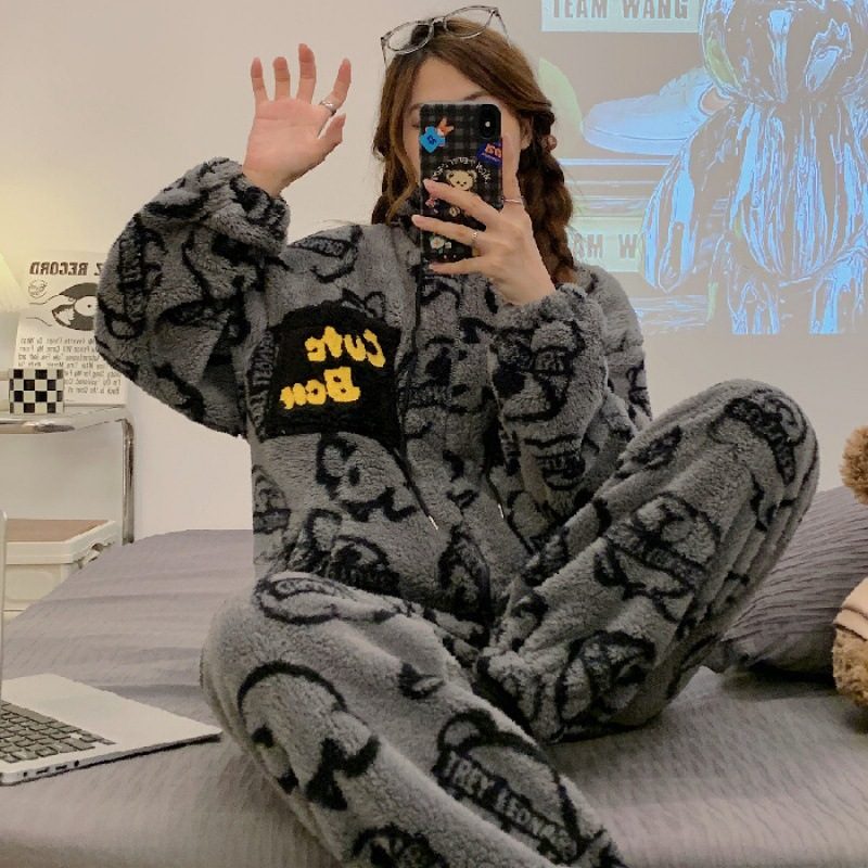 Pyjamas For Kvinner Coral Fleece Tykk Søt Flanell Hjemmetøysett