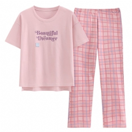 Pyjamas I Ren Bomull Dame Rosa Rutete Bukser Loungewear Kortermet Buksedress