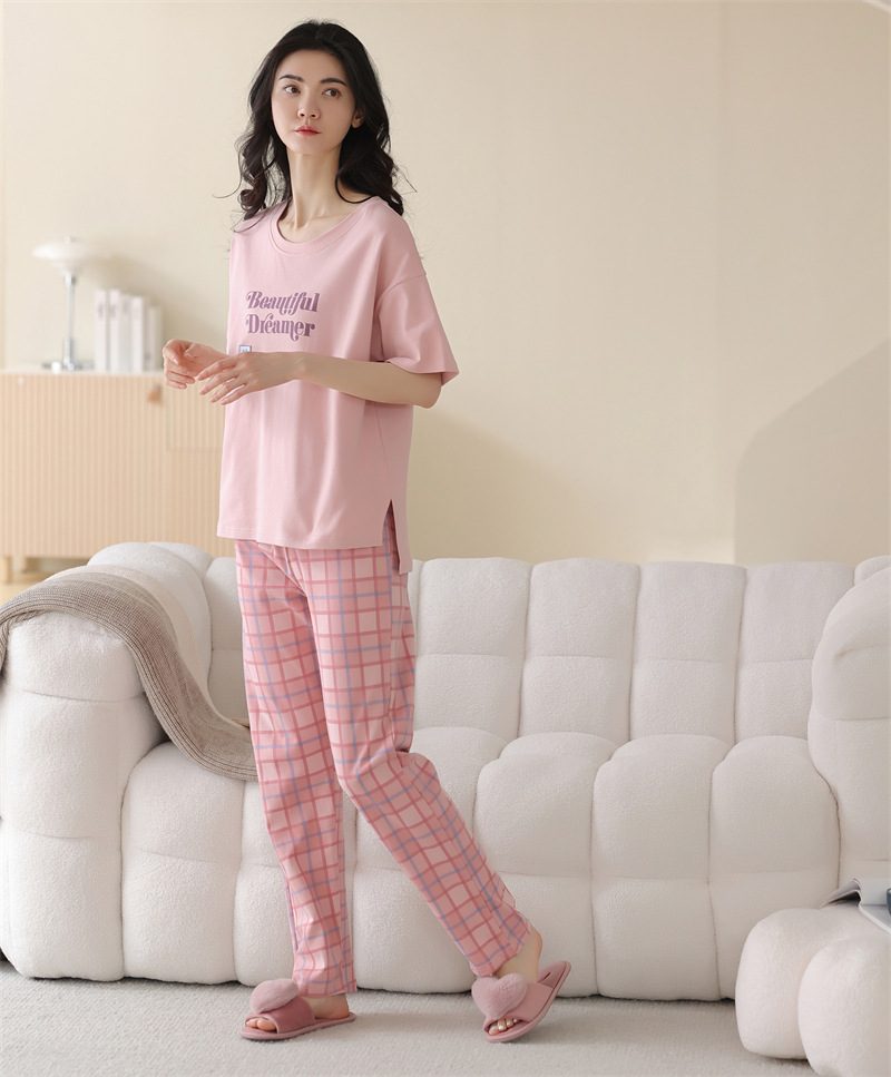 Pyjamas I Ren Bomull Dame Rosa Rutete Bukser Loungewear Kortermet Buksedress