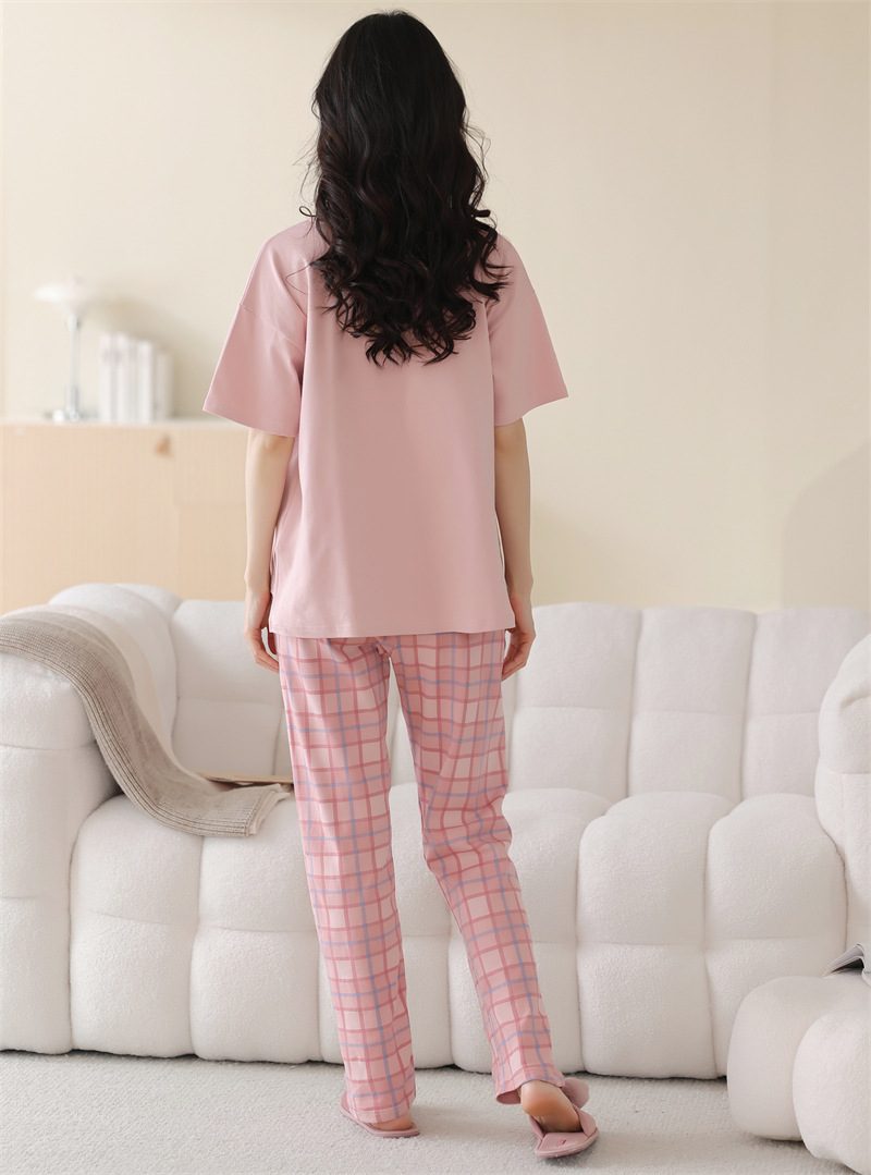 Pyjamas I Ren Bomull Dame Rosa Rutete Bukser Loungewear Kortermet Buksedress