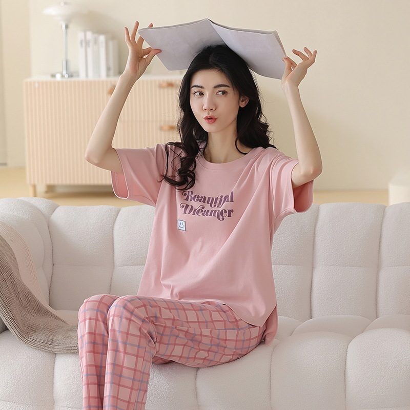 Pyjamas I Ren Bomull Dame Rosa Rutete Bukser Loungewear Kortermet Buksedress