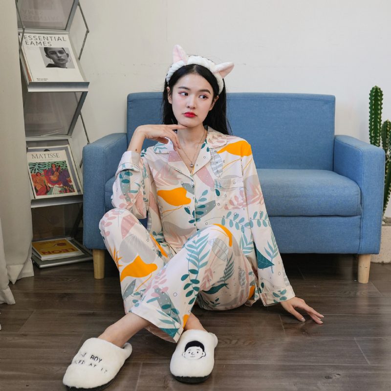 Tynn Bomull Silke Pyjamas Dame Dress Langermede Bukser Cardigan Hjemmeklær