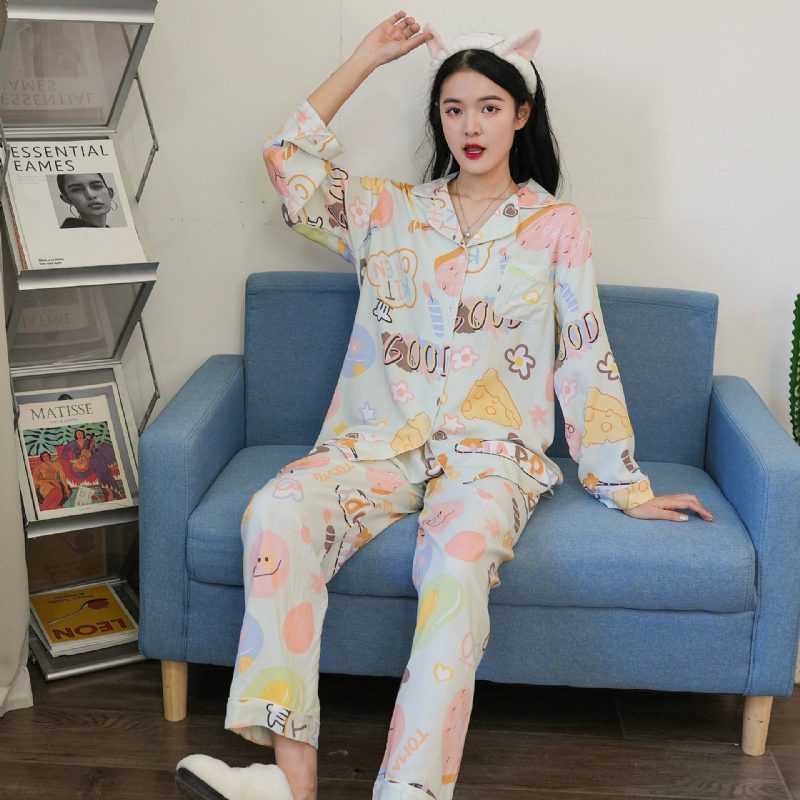 Tynn Bomull Silke Pyjamas Dame Dress Langermede Bukser Cardigan Hjemmeklær
