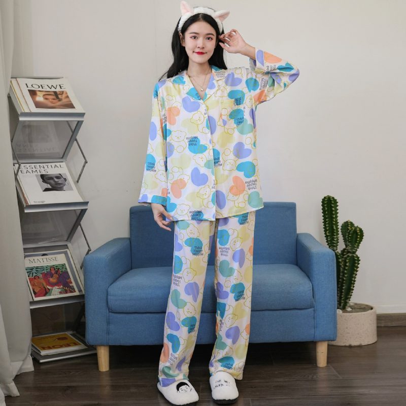 Tynn Bomull Silke Pyjamas Dame Dress Langermede Bukser Cardigan Hjemmeklær