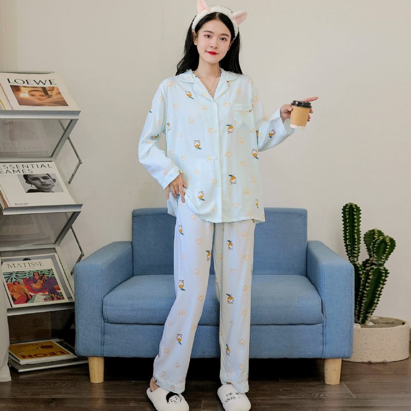 Tynn Bomull Silke Pyjamas Dame Dress Langermede Bukser Cardigan Hjemmeklær