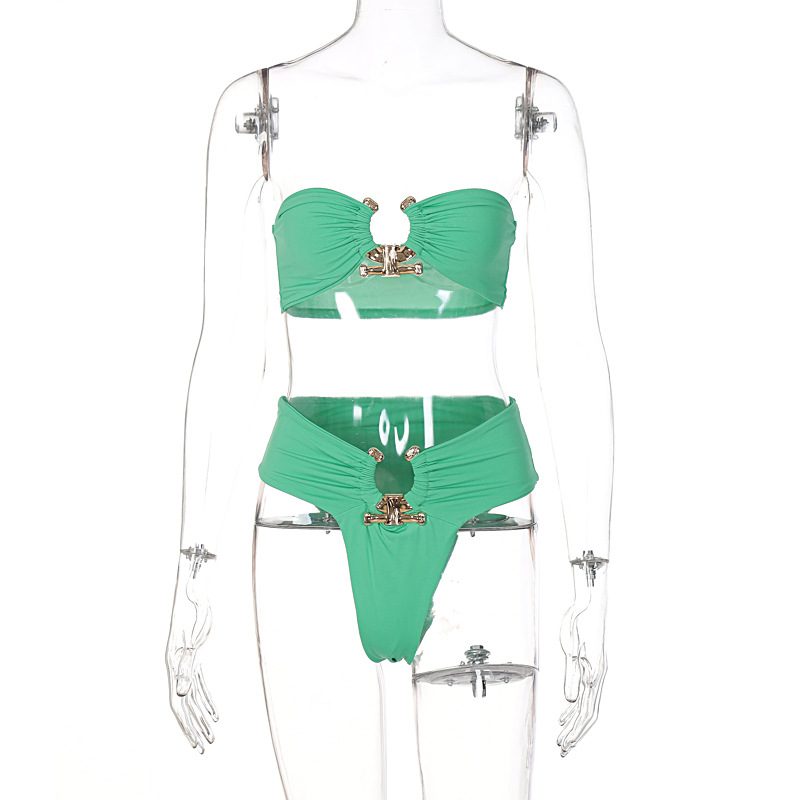 Dameklær 2024 Sommer Nytt Ensfarget Hul Brystinnpakket Todelt Badedrakt Sexy Bikini Sett